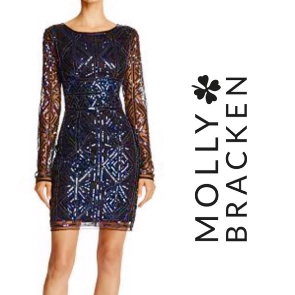 MOLLY BRACKEN SHEER LONG SLEEVE SEQUIN MINI DRESS navy blue size S - Picture 1 of 11